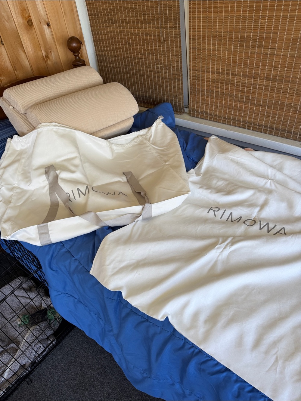 RIMOWA trunk + Cream Canvas (tote) bags with Gray Straps & handles on one.